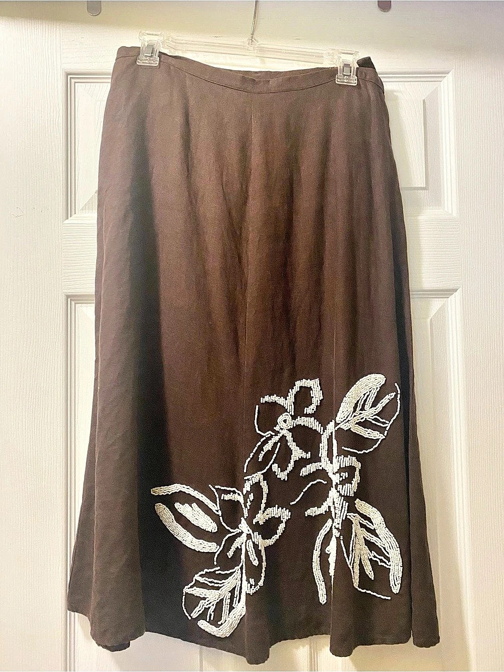 JM Collection Beaded Floral 100% Linen Skirt in Brown, Sz 12